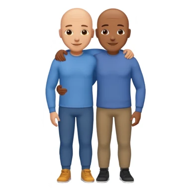 two fit bald men of different heights embracing, warm and positive, emoji style sticker