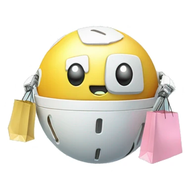 cute white floating spherical happy robot with floating shopping bags sticker