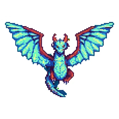 pixel art dragon, flying, wings spread, fantasy RPG style sticker