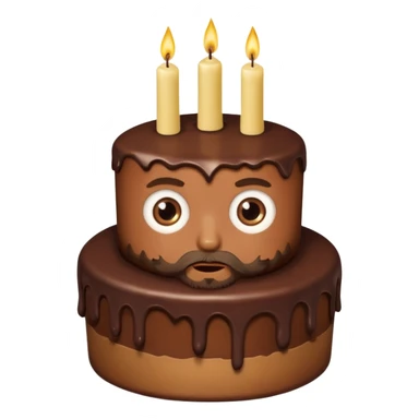 chocolate birthday cake with eyes and thin candles and blond beard sticker