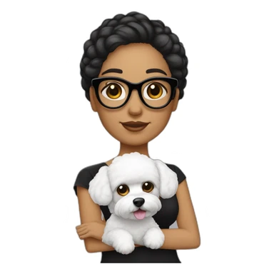 mujer piel blanca cabello negro con chongo  gafas y perro bichon blanco sticker