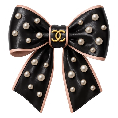 Remove the background, keep only the elegant bow with pearls and gold Chanel logo, glossy, pastel colors, realistic style, with no background. black pink sticker