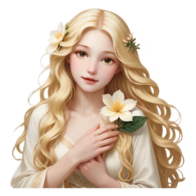 Cinematic Realistic Rapunzel Portrait, with porcelain-like skin featuring a subtle, natural glow, illuminated by soft lighting that brings out the gentle contours of her face. Her long, golden blonde hair cascades in detailed waves, each strand highlighted with a radiant shimmer as it catches the light. She playfully holds a flower in one hand, her other hand resting casually in her lap, with a warm and spirited expression. Her bright, expressive green eyes exude curiosity and warmth, framed by delicate lashes and soft, arched brows. She is dressed in her classic lavender and pink gown, the fabric textured with delicate folds that flow naturally, catching the light with a soft, radiant glow. The portrait captures a luminous, enchanting aura, seamlessly blending realism with a whimsical, fairytale charm, evoking a timeless sense of beauty and magic. sticker