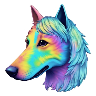 Multicolored rainbow retro groovy tie dye hippie trippy floral patterns on a metallic holographic iridescent blue dog face head unicorn sticker