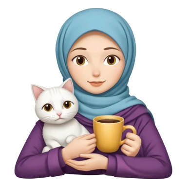 hijap bayan elinde kahve ve battaniyesi ve kucagında beyaz kedi sticker