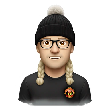 a white-skinned man in a black winter hat, with horns and wearing glasses and a Manchester United T-shirt sticker