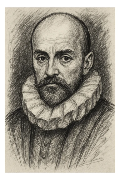 a hand drawn black outline portrait of philosopher Montaigne with similar-sized eyes based a famous portrait of him sticker