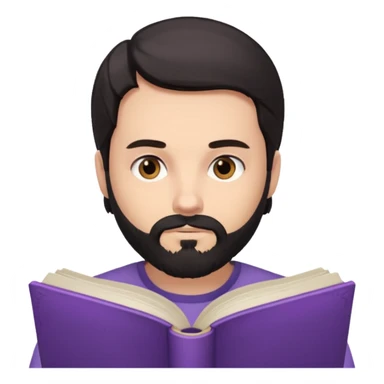 young white man with black beard, straight hair, brown eyes reading a lilac book sticker