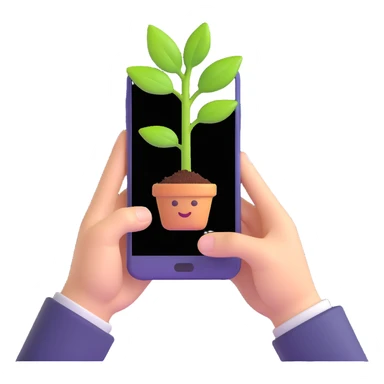 hands holding a plant sprouting from a smartphone, 3D emoji style, colorful, smooth sticker
