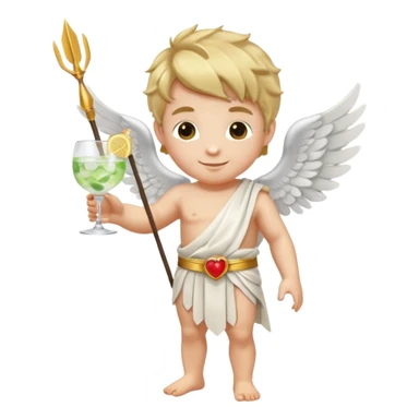 Cupid (with wings) with his arrow in his right hand, mixing a glass of Gin Tonic in his left hand sticker