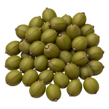 small pile of capers, olive green and muted brown, slightly wrinkled, some with tiny stems, matte to lightly glossy, brined appearance, no extras, soft lighting, emoji scale sticker