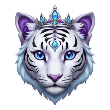 ESO Female white/black tiger khajiit leader of the umbral rose, glowing blue eyes, glowing blue 'third eye' gem; beautiful purple gemmed silver tiara sticker