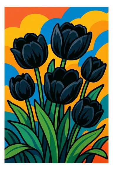 black tulips, vibrant toon style, colorful, lively, detailed sticker
