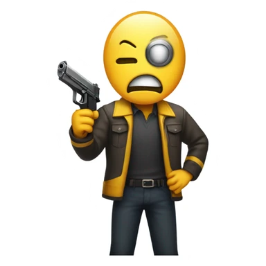 A yellow-faced emoji with a gun saying with a text bubble saying no I'd win looking angry sticker
