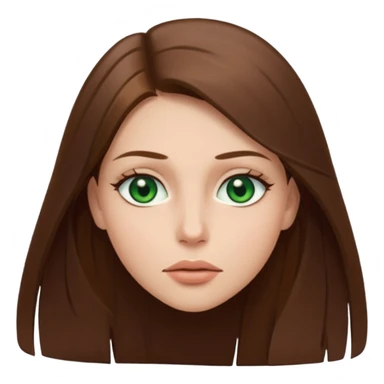 Female face emoji. Straight long brown hair, fair skin, green eyes, neutral expression, closed lips, minimal makeup sticker