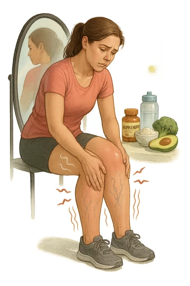 Donna tra i 25 e i 35 anni in abbigliamento sportivo, seduta o in piedi davanti allo specchio, mentre massaggia con forza le sue gambe gonfie, con espressione determinata ma affaticata. Intorno alle gambe si vedono simboli visivi di gonfiore e ritenzione (gambe leggermente arrossate, vene visibili, contorni delle gambe evidenziati da linee simboliche). Sullo sfondo: integratori naturali, alimenti sani e una bottiglia d’acqua, come strumenti di supporto. Atmosfera di lotta personale, luce neutra ma con accenti di speranza. Stile realistico e educativo sticker