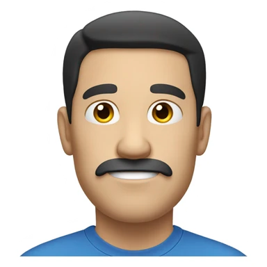 white man with black hair, not wavy hair, earing a plain blue t-shirt. Has a slight moustache sticker