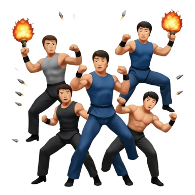 Collage of Arnold Schwarzenegger, Sylvester Stallone and Jackie Chan in intense action poses, surrounded by explosions, martial arts moves, weapons. The design should capture the high energy and heroism of classic action films. Transparent background. sticker