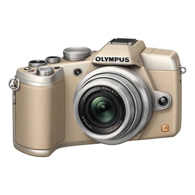 Minimal Olympus Superzoom 70G camera from slight top angle, grayish-beige color, simplified shape with subtle indication of basic camera features sticker