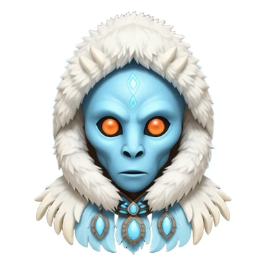 ancient arctic alien shaman portrait, head and shoulders only, Inuit-inspired fur hood, carved bone ornaments, glowing cosmic eyes, icy alien skin, spiritual sci-fi vibe, 3D cartoon, mobile game icon style, clean background, no text, no watermark


 sticker