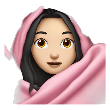 pale white girl with long black hair laying under pink blanket sticker