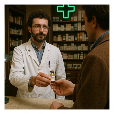 realistic image of a pharmacist in France in 1980 delivering a vial of Trenbolone to a customer, 1980s clothing and pharmacy interior, historical details, pharmacy environment sticker