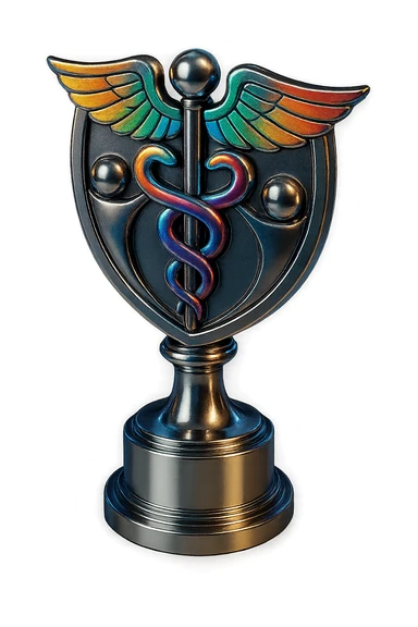 Add vibrant color accents to the chrome trophy with staff symbol, keeping the chrome style prominent and maintaining the shiny metallic chrome effect with colorful highlights. sticker