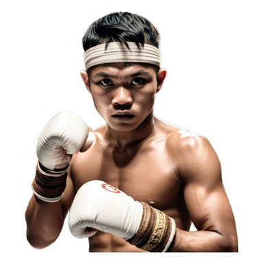 ​Cinematic Realistic Traditional Muay Thai Fighter such as Buakaw Banchamek, depicted in authentic attire featuring white bandaged gloves wrapped around his fists, a traditional headband tied neatly, and classic Muay Thai shorts, captured in a dynamic fighting stance under dramatic, high-energy lighting that highlights the raw power and elegance of the art, sticker