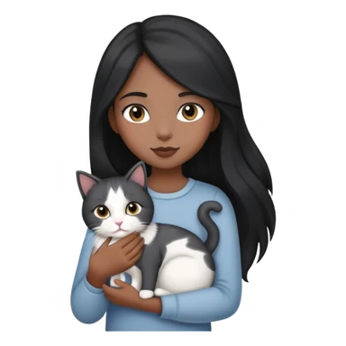 black longhair girl holding a grey white cat sticker