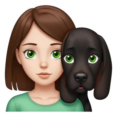 a girl with brown hair, green eyes and a big black dog with a white spot on her chest with brown eyes sticker