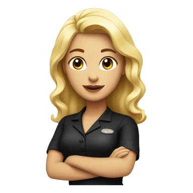 Waitress with blonde hair and a black shirt sticker