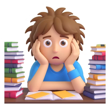 emoji of a tired and stressed student with messy hair, droopy eyes, surrounded by books and papers, expressing exhaustion from exams sticker