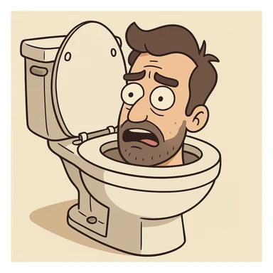 a man's head inside a toilet, humorous, cartoon style sticker