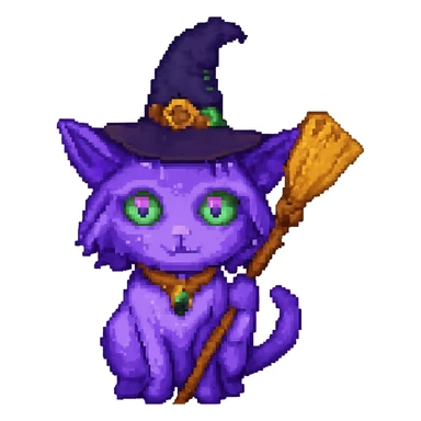 Edit the image of a purple witch cat holding a broomstick in pixel art style with no background. Remove the background and keep the pixel art style look intact. sticker
