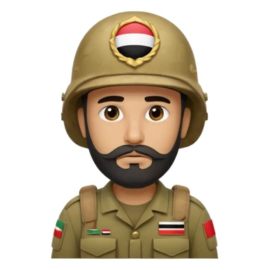 A tired, swarthy Iraqi soldier with a beard, an Iraqi flag on his helmet, a sad expression and bags under his eyes sticker