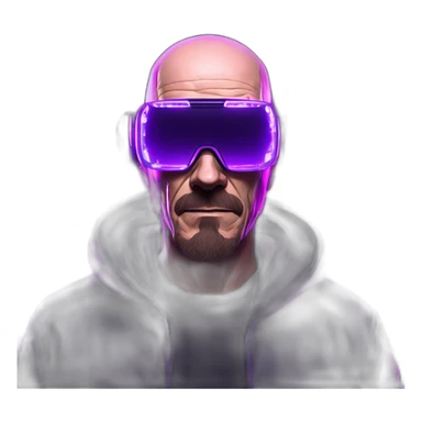 Walter White wearing a black hoodie with "OMG" letters on it and VR headset in a cyberpunk VR environment with violet neon lighting. sticker