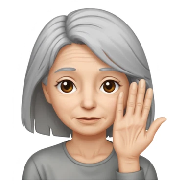 woman with gray hair and 1 palm of hand covering face sticker