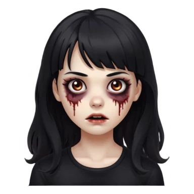 Zombie girl, with bangs above her eyebrows, her dark hair, thin eyebrows. Long hair and Wavy her clothes are black sticker