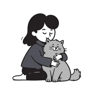 Brunette girl with dark blue sweatshirt snuggling a fluffy grey Siberian cat sticker