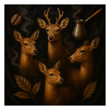 Four golden-brown deer, highly realistic, with fine water droplets on their fur. Each deer emits a light coffee aroma, visually represented by soft, swirling steam like freshly brewed coffee. Subtle coffee heritage elements such as Ethiopian coffee bean, Turkish cezve, and coffee tree leaf are tastefully integrated. Luxurious black satin or matte background with transparent edges, logo-level resolution. sticker