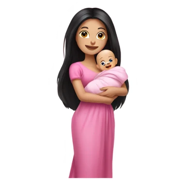 Beautiful Russian lady with very long black hair pink clothes holding baby  sticker