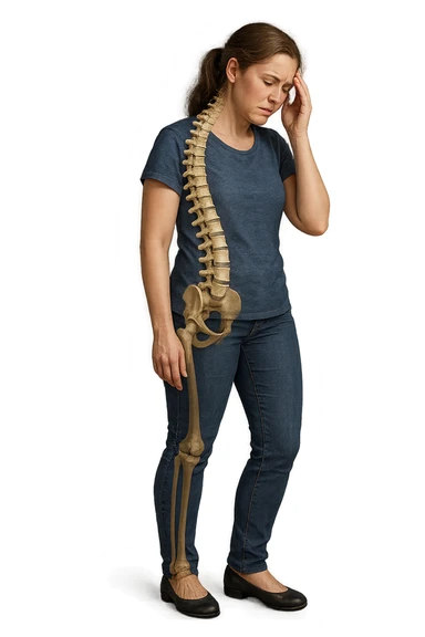 donna stanca a figura intera che si tiene una mano sulla tempia con spina dorsale anatomica visibile, iperrealistico 4k sticker