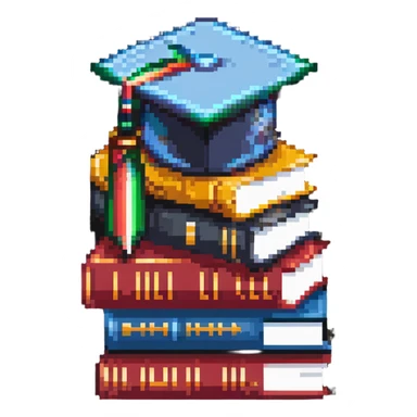 abstract pixel art, simple 3 books stack with graduation cap, minimal details sticker