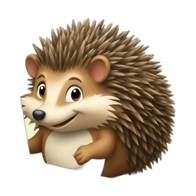 smiling hedgehog working behind a laptop sticker
