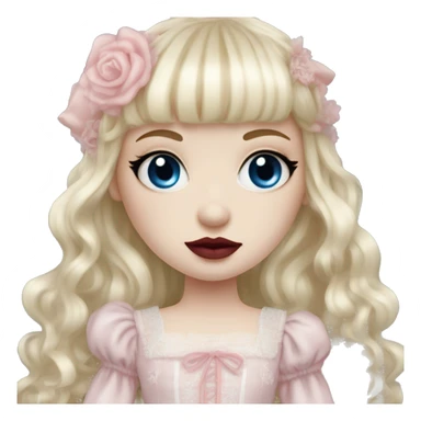 russian pale girl with long blond hair and bangs, red lips, pink cheeks, long eyelashes, big blue eyes, pink wedding dress with laces, gothic Lolita doll look sticker