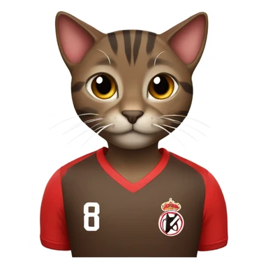 Dark brown tabby cat that is a soccer player with a red jersey sticker