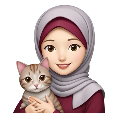 Asian White girl wearing maroon hijab with white dress holding a black grey tabby cat while smiling.  sticker