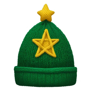 A knit hat like a Christmas tree，The bottom is wide enough for people to wear and has a yellow pentacle on top. sticker
