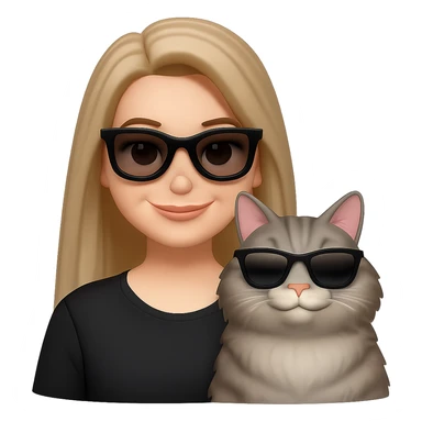 Edit the image to make the woman's hair longer so it goes past her shoulders. Make the grey tabby cat chubbier and fluffier. Both the woman and the cat should be slightly smiling, still wearing sunglasses and looking cool. Remove the background entirely. The style should remain consistent with the original image's look and feel. sticker