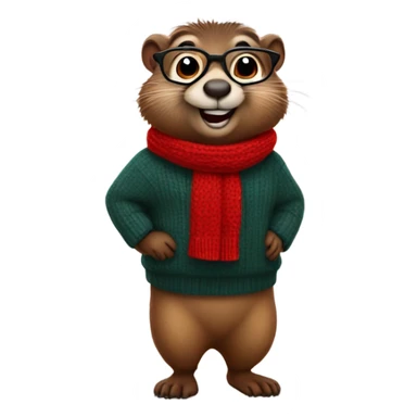 winking cute groundhog in a fully red sweater and glasses full body shown sticker